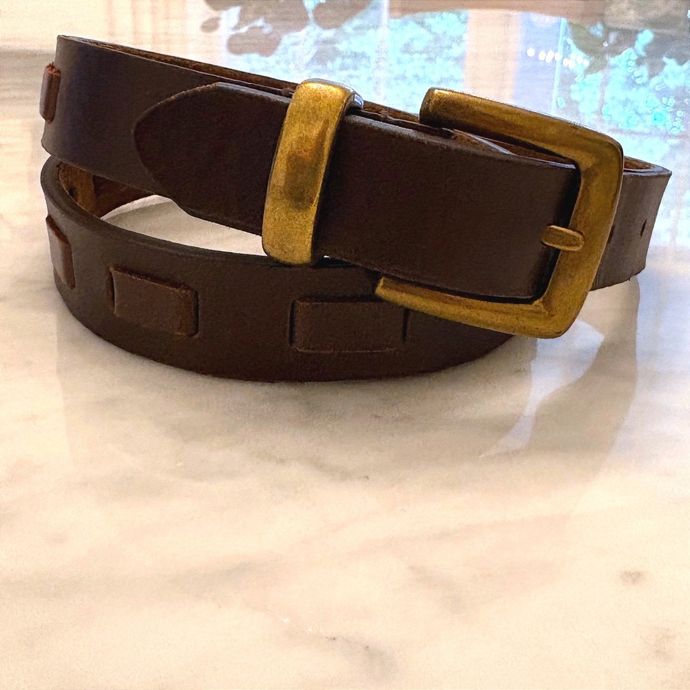 Vintage Brown Leather Belt Brass Buckle Boho Minimalist Size‎ SM